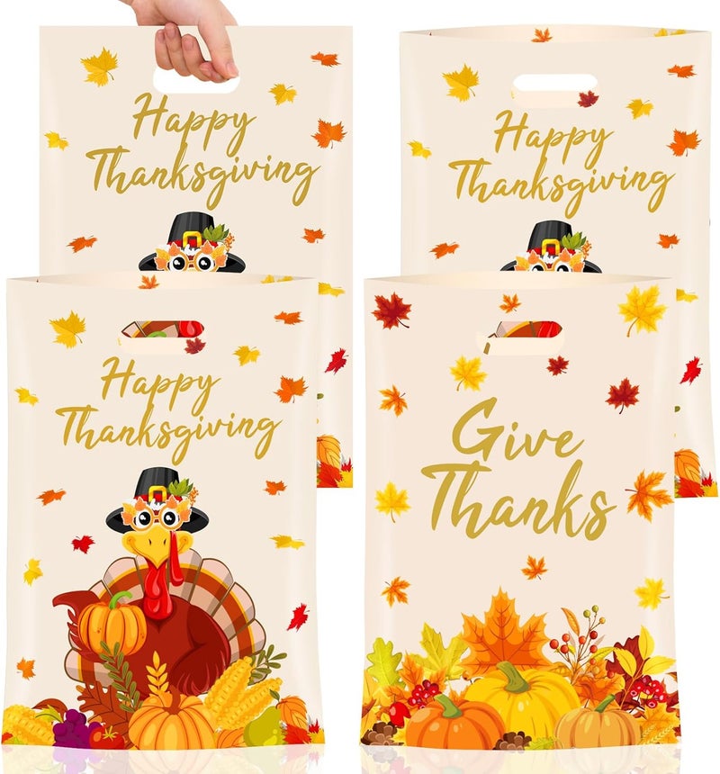 PERFQU 40 Pcs Thanksgiving Gift Bags - Happy Thanks giving Goodie Bags, Plastic Fall Maple Leaves Pumpkin Give Thanks Turkey Treat Candy Favor Tote Bags with Handles for Autumn Thanksgiving Party Favors Bulk - Image 1